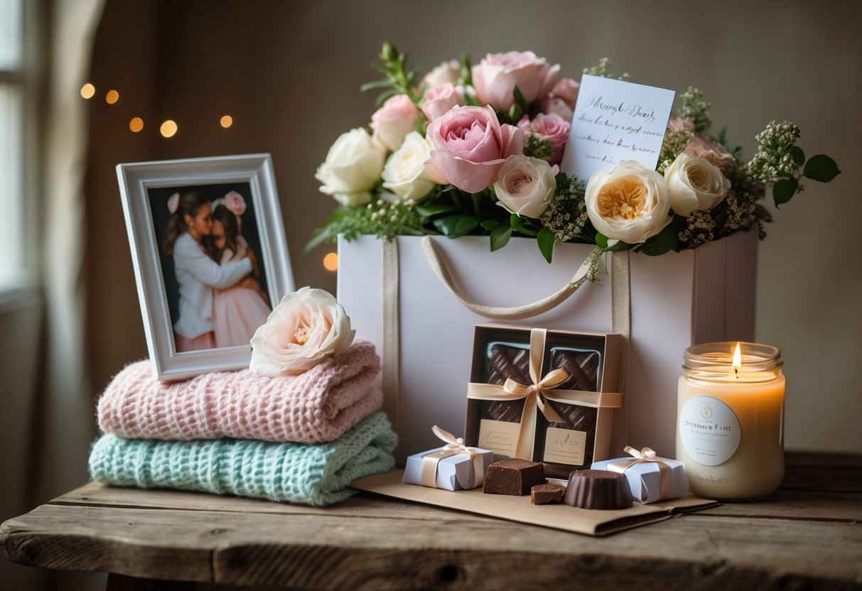 A Mother's Day hamper with a knitted blanket, fresh flowers, chocolates, a candle, and a handwritten note on a wooden table.