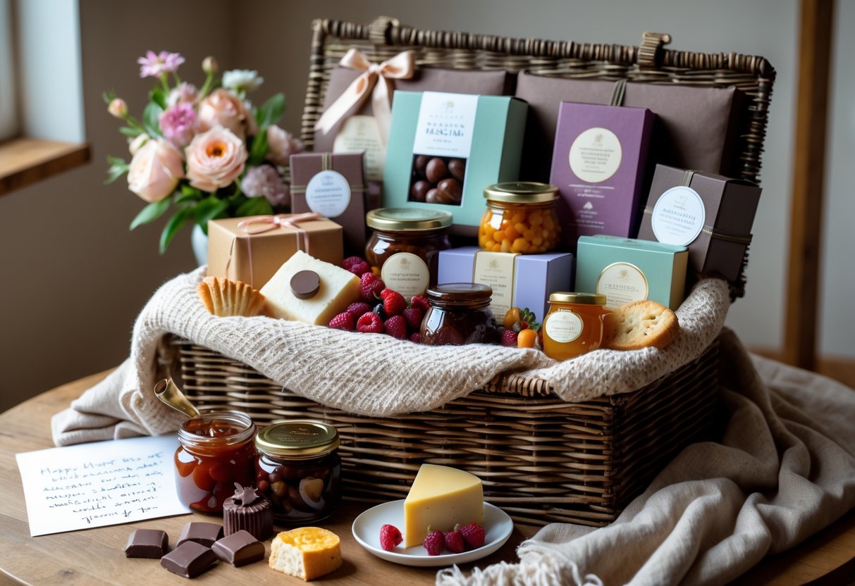 A Mother's Day hamper with gourmet foods, chocolates, fresh flowers, and a handwritten note arranged on a wooden table.