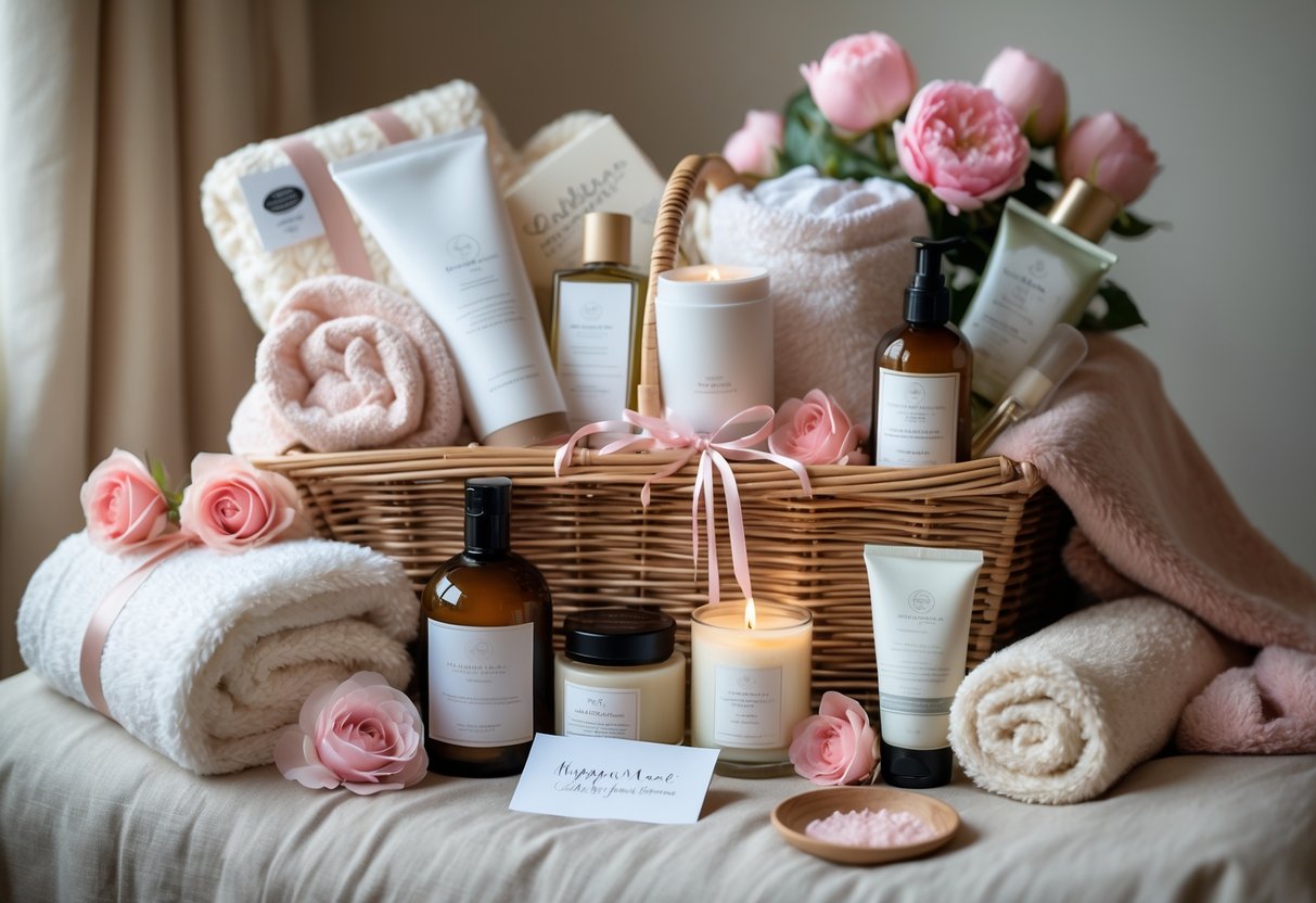 A Mother's Day hamper featuring spa products, cozy blankets, flowers, and a small handwritten note arranged on a soft surface.