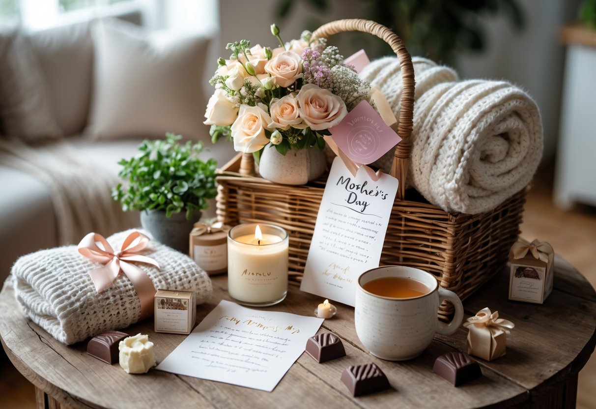 A Mother's Day gift hamper with a knitted blanket, flowers, candle, chocolates, a note, a potted plant, and a mug on a wooden table.
