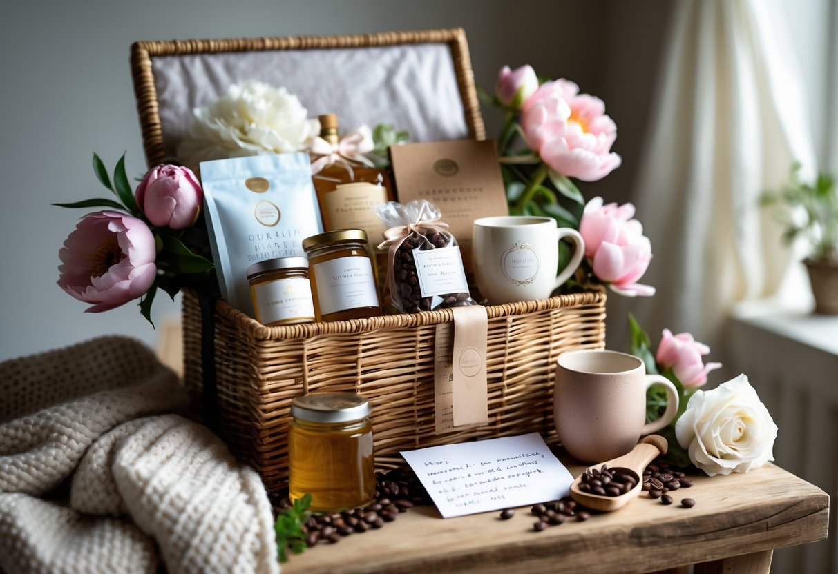 A Mother's Day hamper filled with tea, coffee, a ceramic mug, honey, a candle, knit blankets, and fresh flowers on a wooden table.