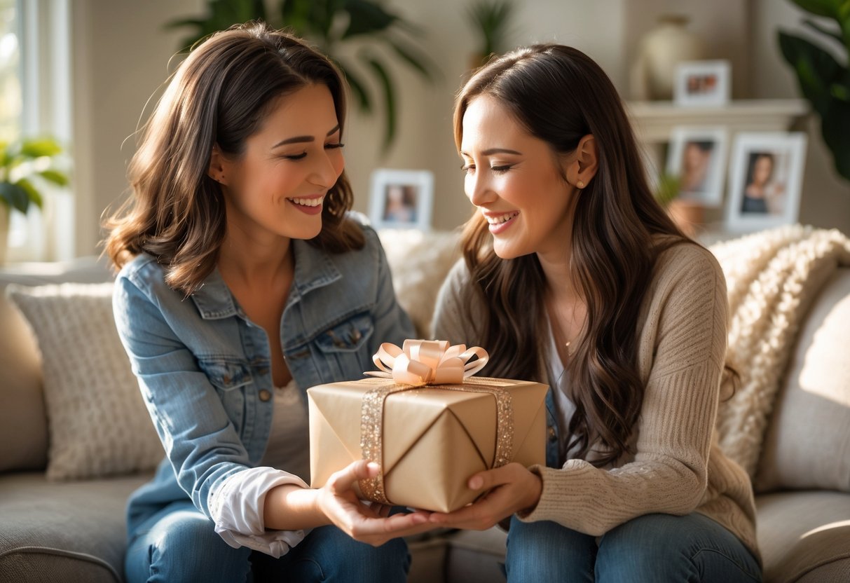 Two women smiling and exchanging a gift in a cozy living room, showing a close and loving relationship.