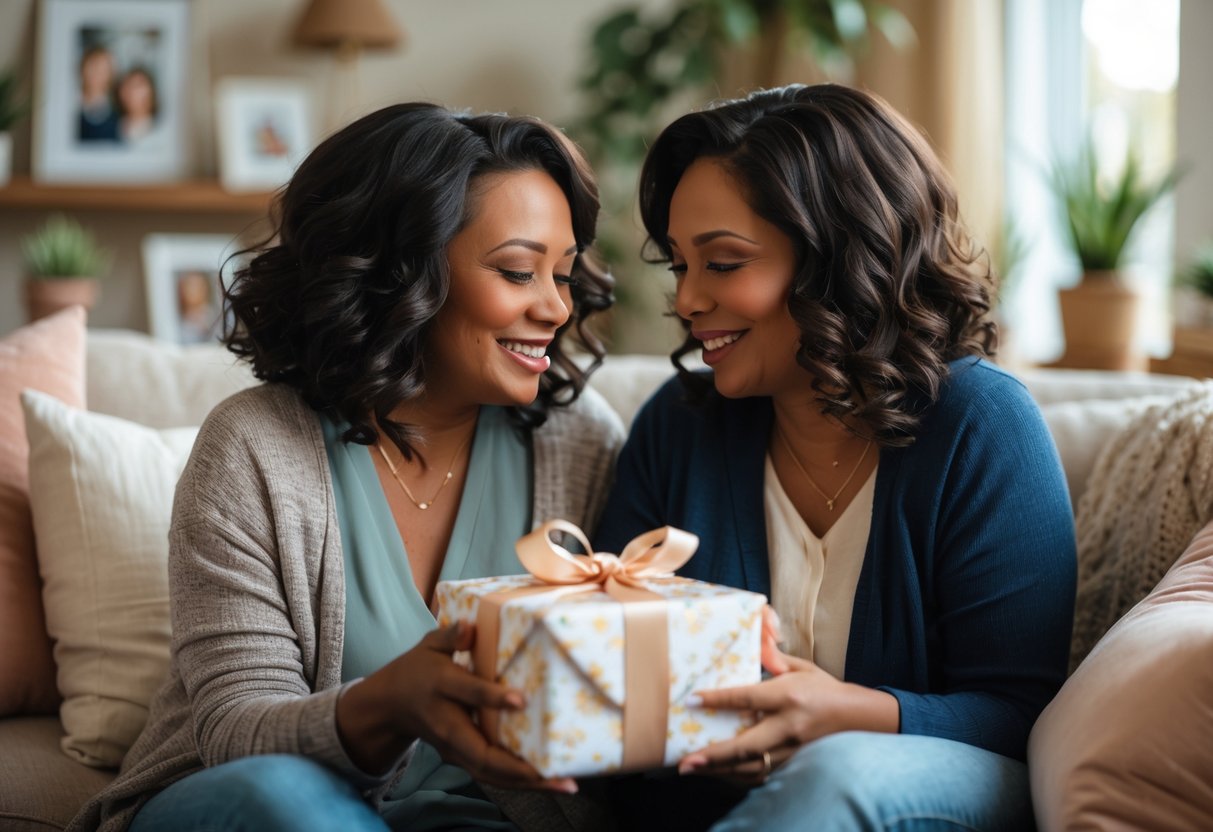 Two women sitting together in a cozy living room, smiling and sharing a meaningful gift, showing a close and loving family bond.