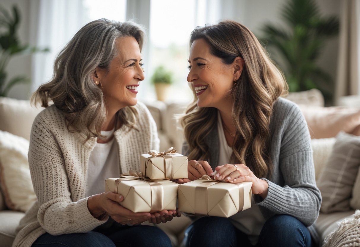 Two women smiling and exchanging personalized gifts in a cozy living room, sharing a warm and loving moment.