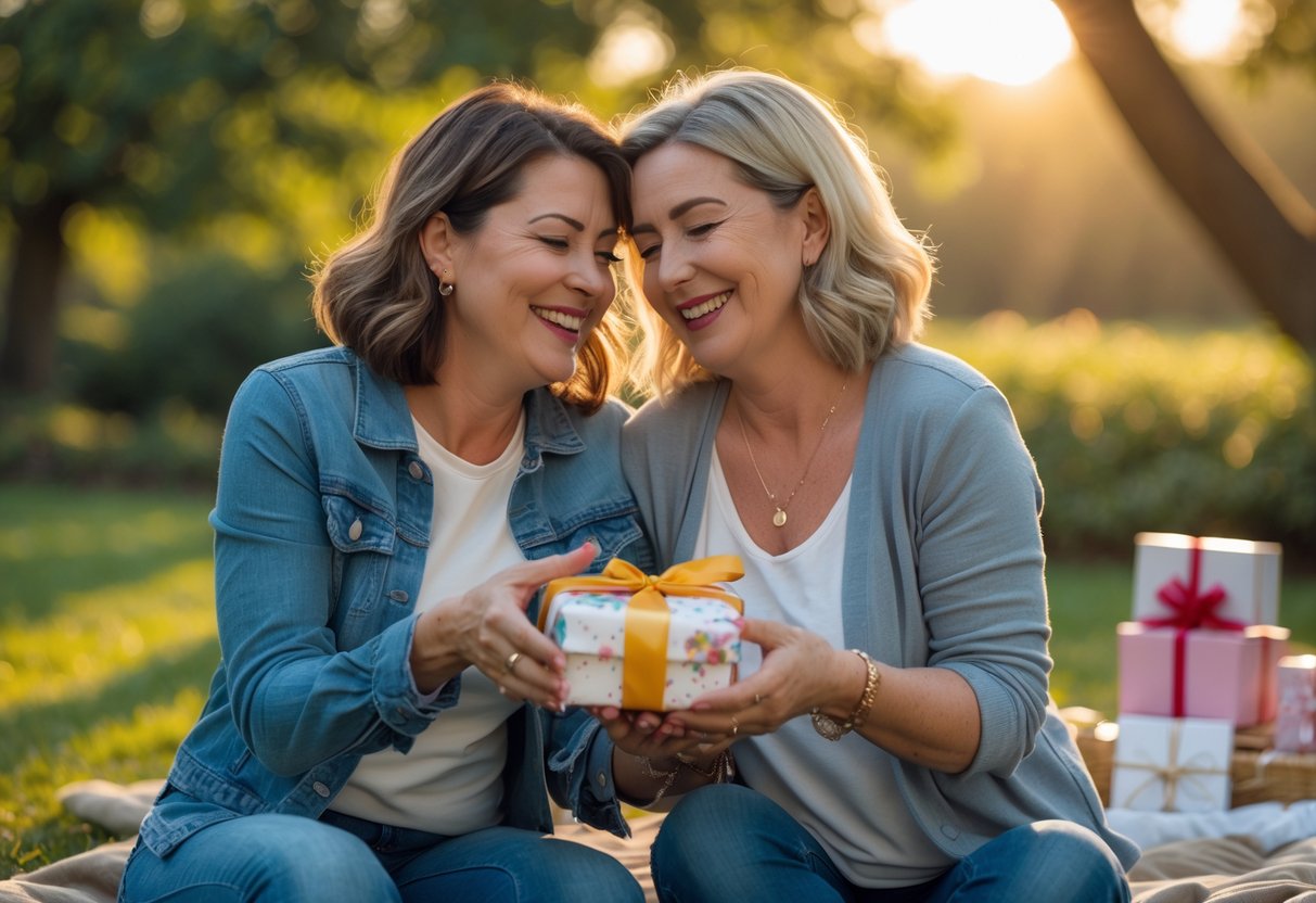 Two adult women outdoors sharing a joyful moment as one gives the other a thoughtful gift, surrounded by greenery and warm sunlight.