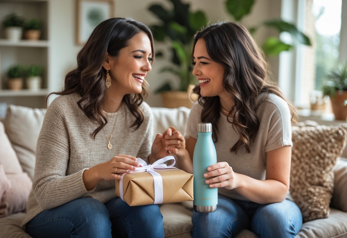 Two women exchanging gifts and smiling warmly in a cozy living room.