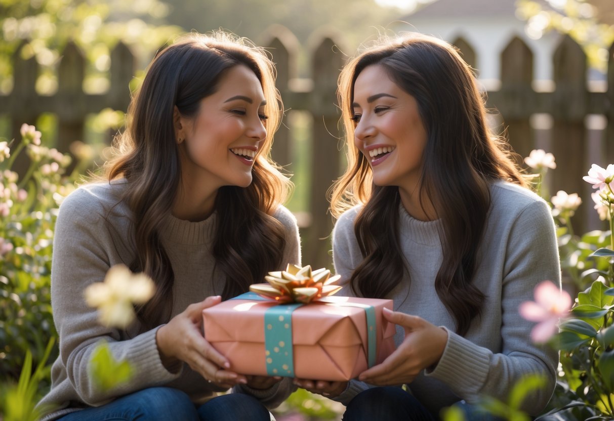Two women outdoors exchanging gifts and smiling warmly, surrounded by greenery and sunlight.