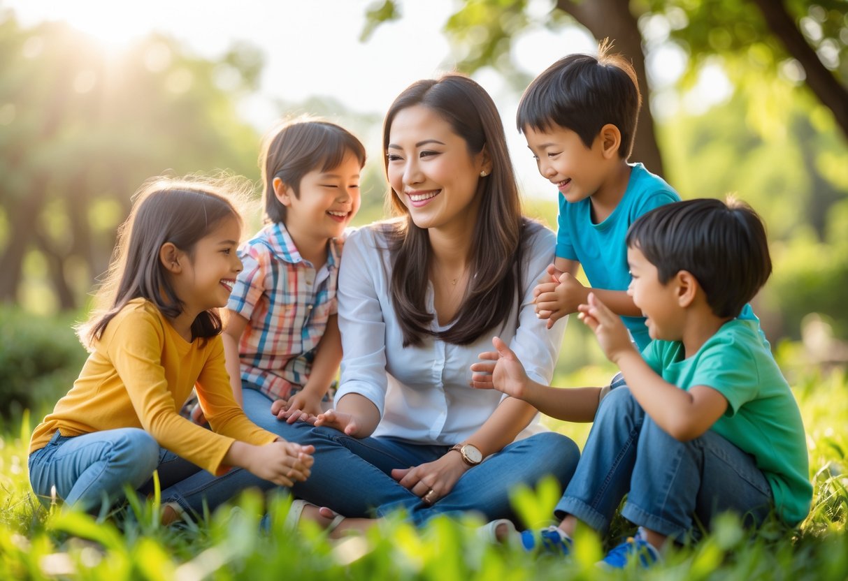A smiling mother enjoying time outdoors with her children in a sunny, green park.