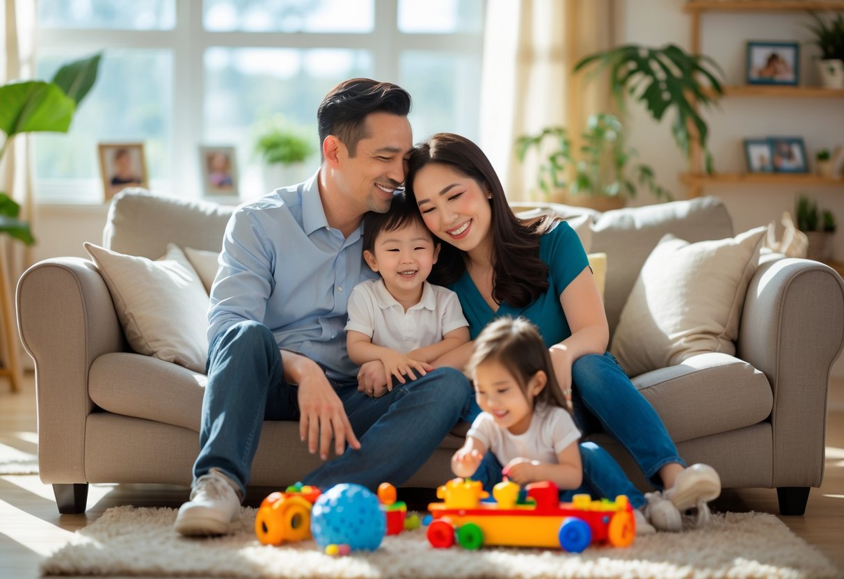A husband and wife sitting closely on a sofa, smiling warmly while their two young children play on the floor nearby.