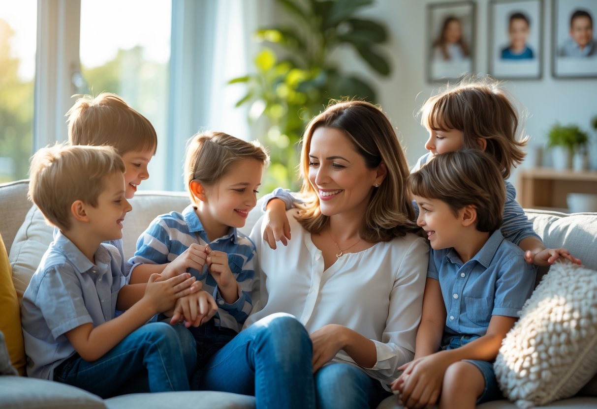 A mother sitting on a sofa surrounded by her smiling children in a bright living room, sharing a joyful family moment.