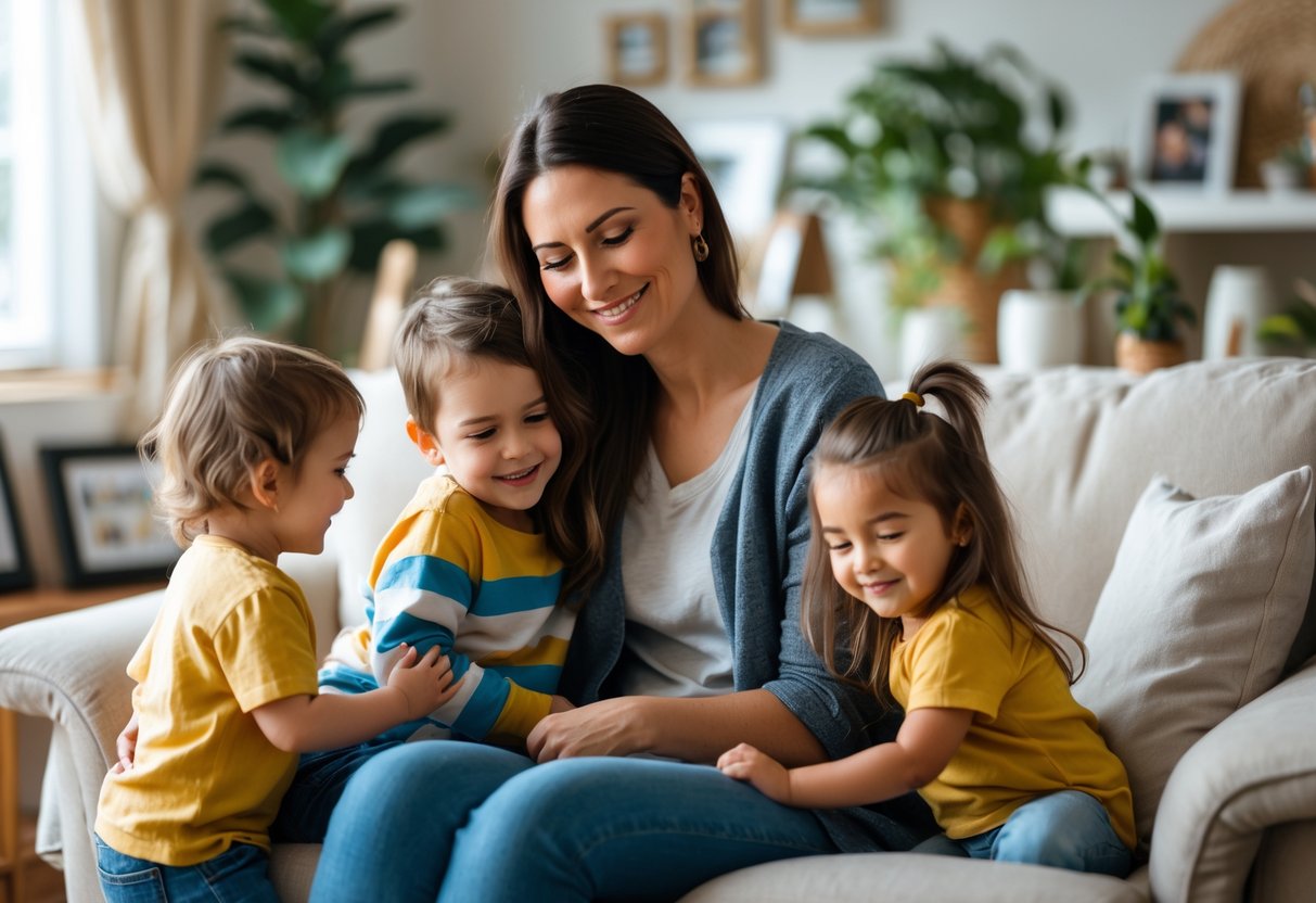 A smiling woman sitting in a living room, embracing two young children who are playing around her.