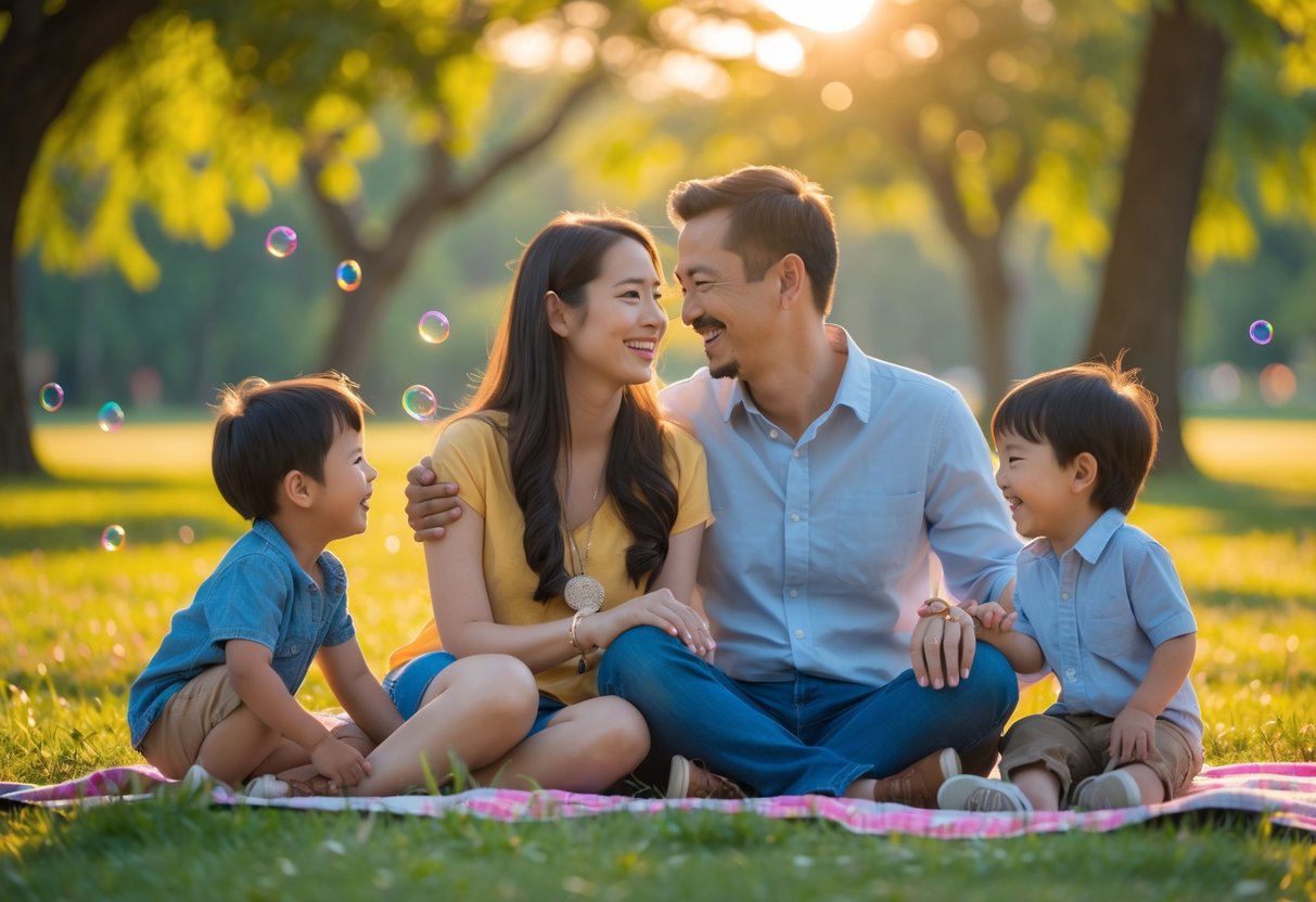 A happy family of four enjoying time together outdoors with parents sitting on a picnic blanket and children playing nearby.