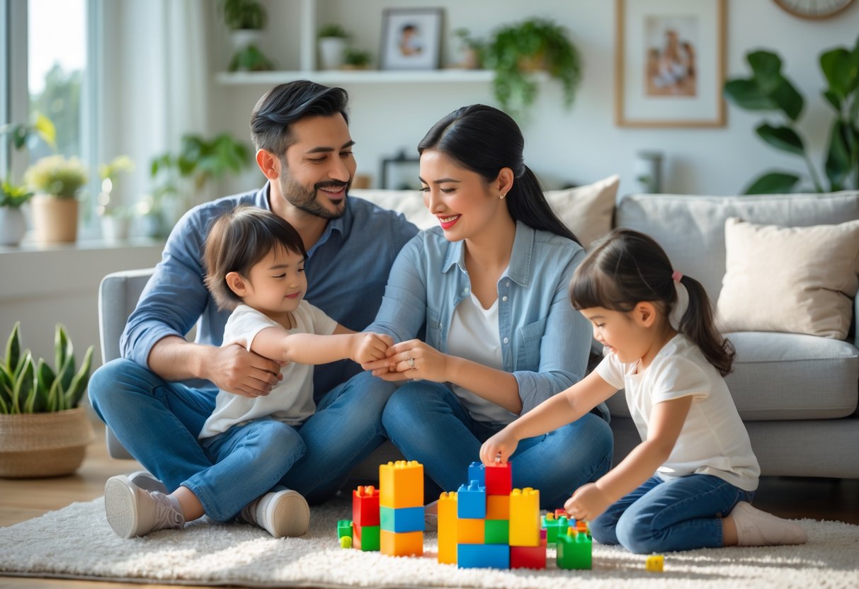 A husband and wife sitting together on a sofa with their two young children playing nearby in a bright living room.