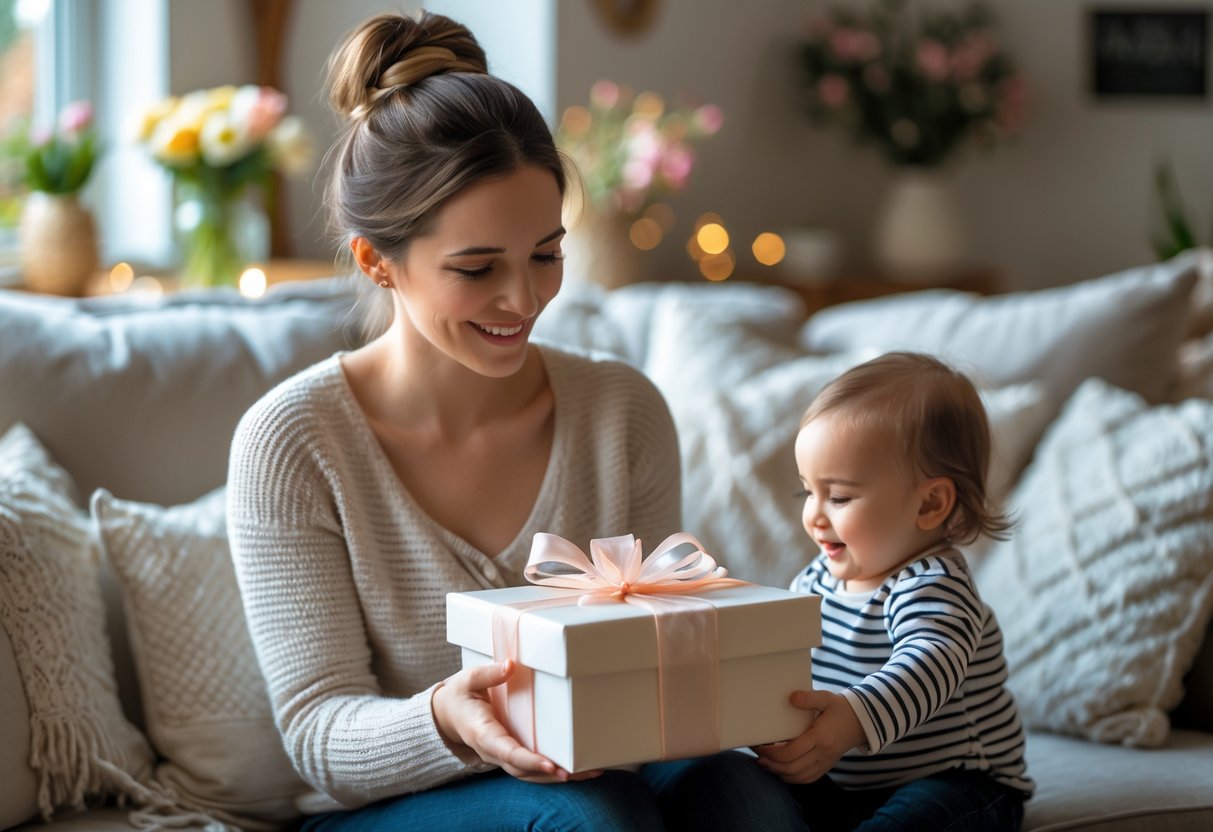 A young mother sitting in a cozy room holding a wrapped gift while a baby sits on her lap, both sharing a tender moment.