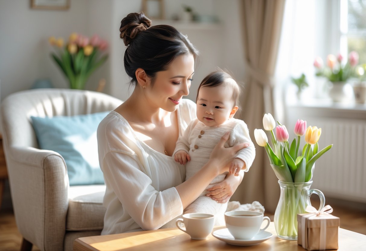 A young mother holding her baby in a cozy room with flowers and a gift, both smiling warmly.
