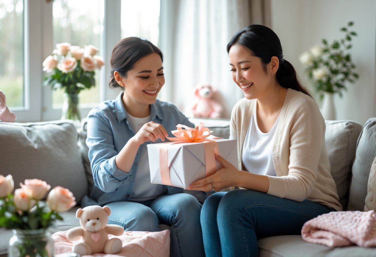A young mother happily opening a gift from her partner in a cozy living room decorated with flowers and baby items.