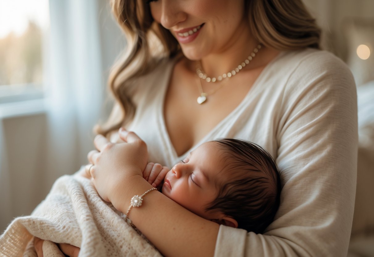 A mother gently holding her newborn baby, wearing delicate jewelry that symbolizes motherhood.