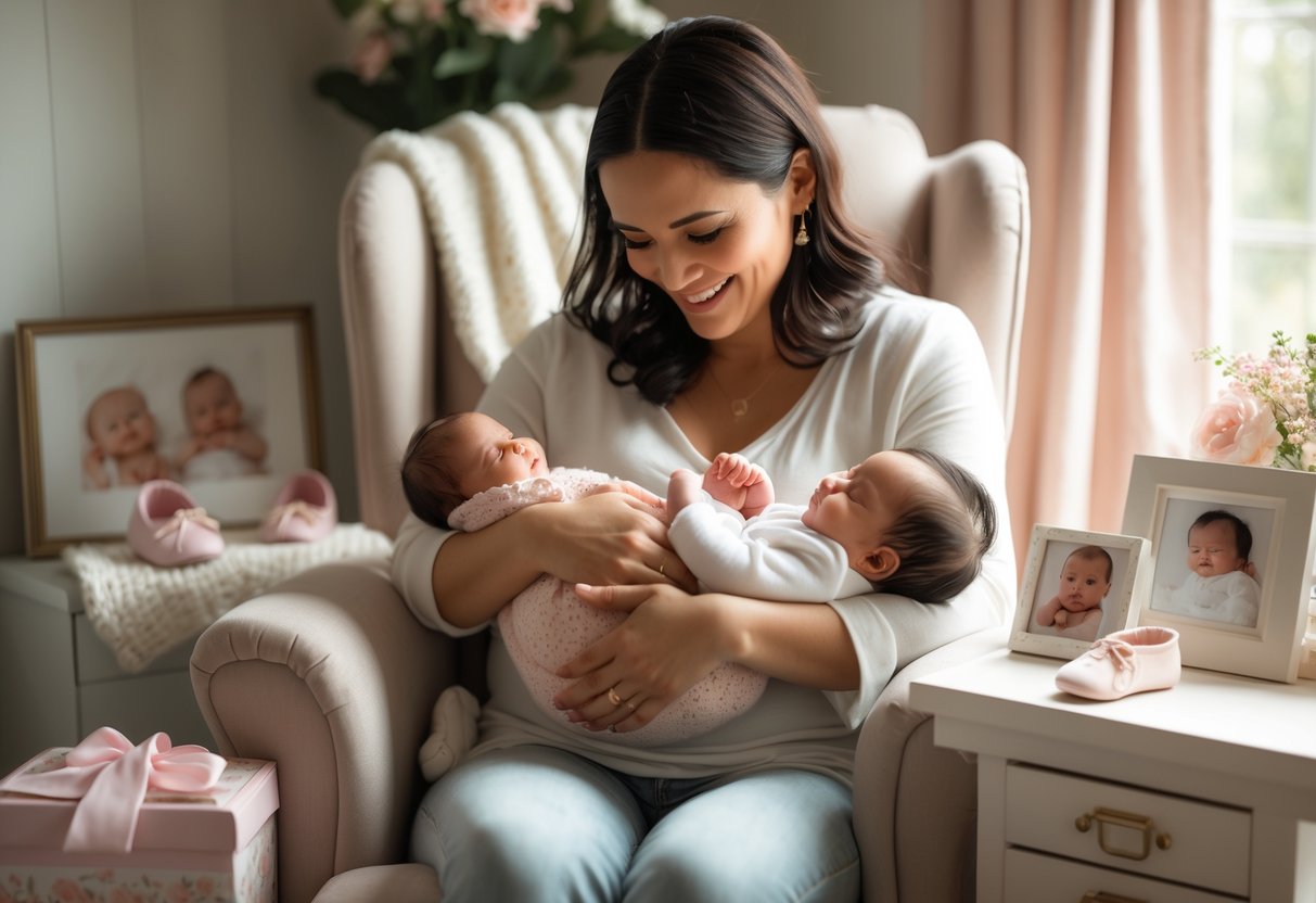A new mother holding her newborn baby in a cozy nursery surrounded by sentimental keepsakes.