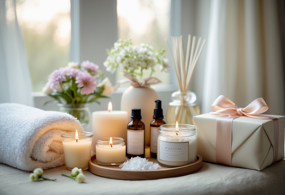 A peaceful arrangement of self-care gifts including candles, flowers, bath salts, and a wrapped gift box on a soft surface with natural light coming through a window.