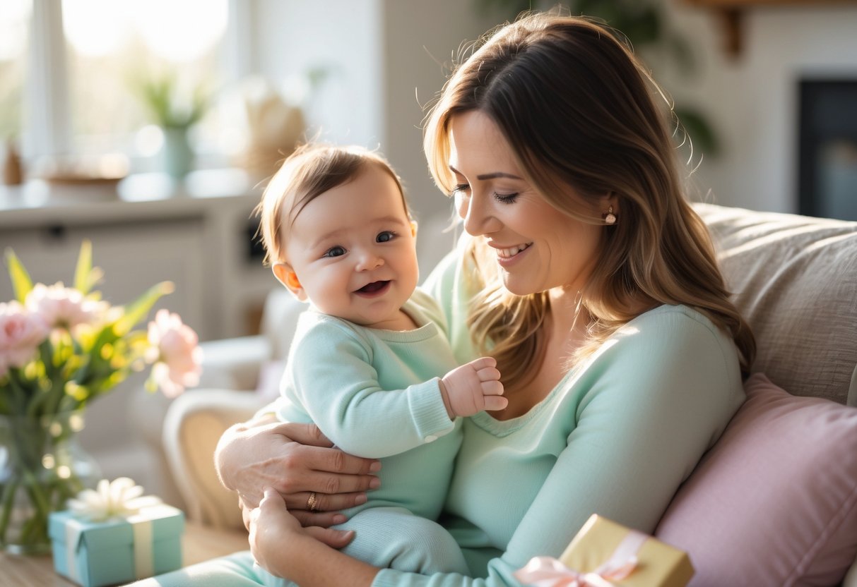 Mother holding her baby, both wearing matching outfits, sitting together and smiling in a cozy room.