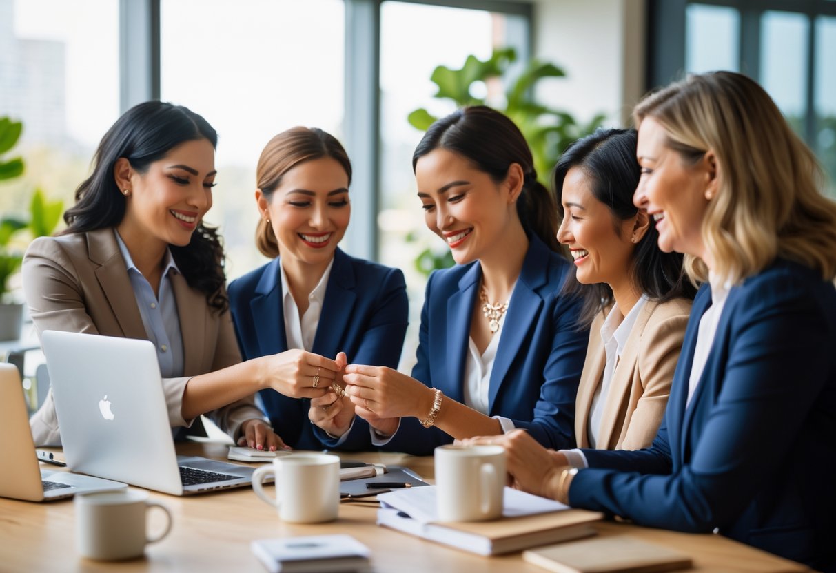 A group of professional women in an office sharing a moment of appreciation as one woman presents jewelry to another, smiling warmly.