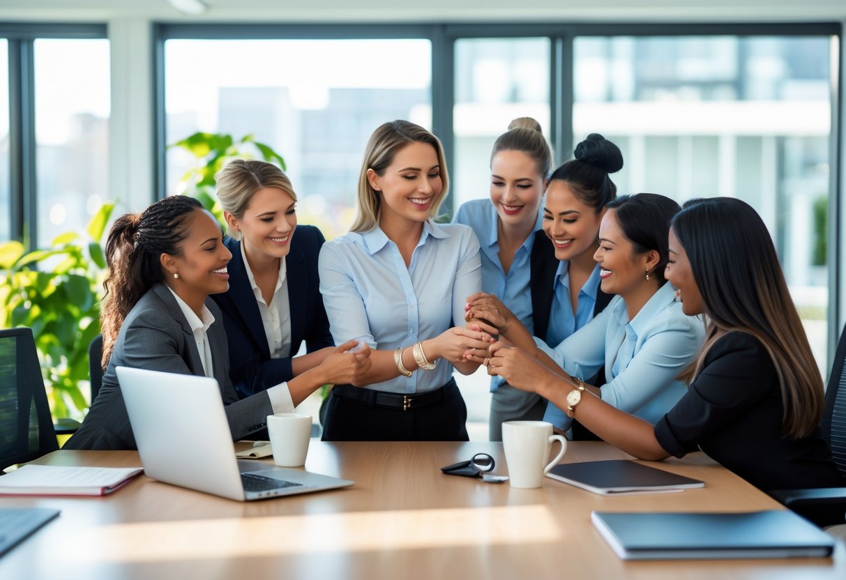 A group of female office workers smiling as one woman receives a piece of jewelry from a colleague in a bright, modern office setting.