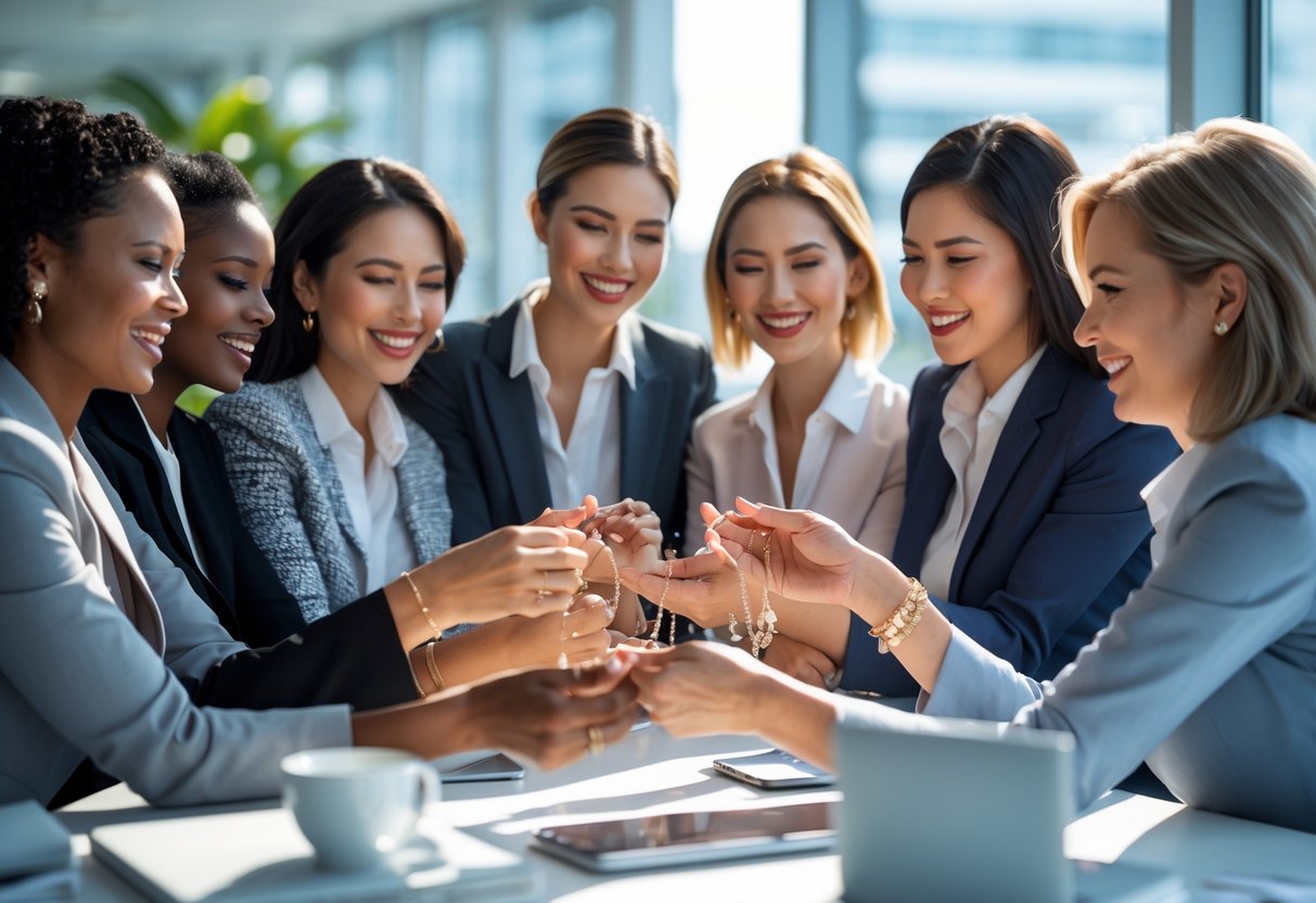 A group of office women exchanging and admiring jewelry gifts in a bright modern office.