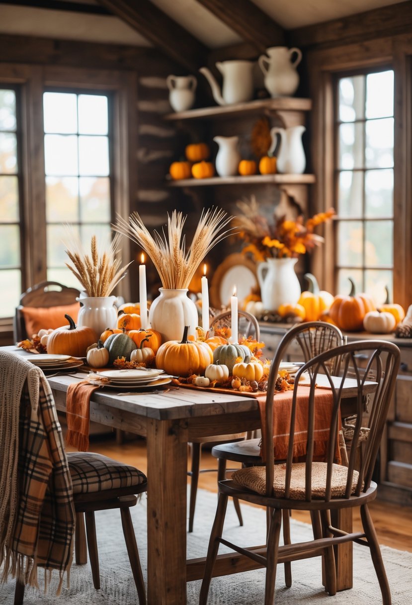 21 Fall Farmhouse Decor Ideas 2025: Fresh Seasonal Inspiration for Your Home 2 A farmhouse dining table decorated with pumpkins, candles, and autumn leaves in a cozy room with natural light.
