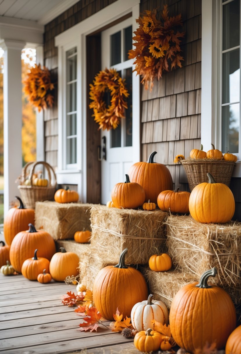 21 Fall Farmhouse Decor Ideas 2025: Fresh Seasonal Inspiration for Your Home 3 A farmhouse porch decorated with pumpkins and hay bales arranged for a fall display.