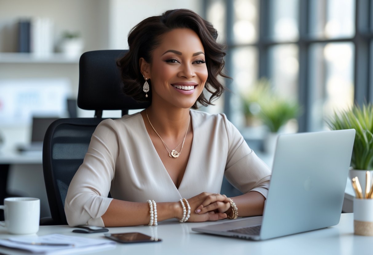 A smiling woman wearing elegant jewelry sits at a desk in a bright office with a laptop and coffee mug.