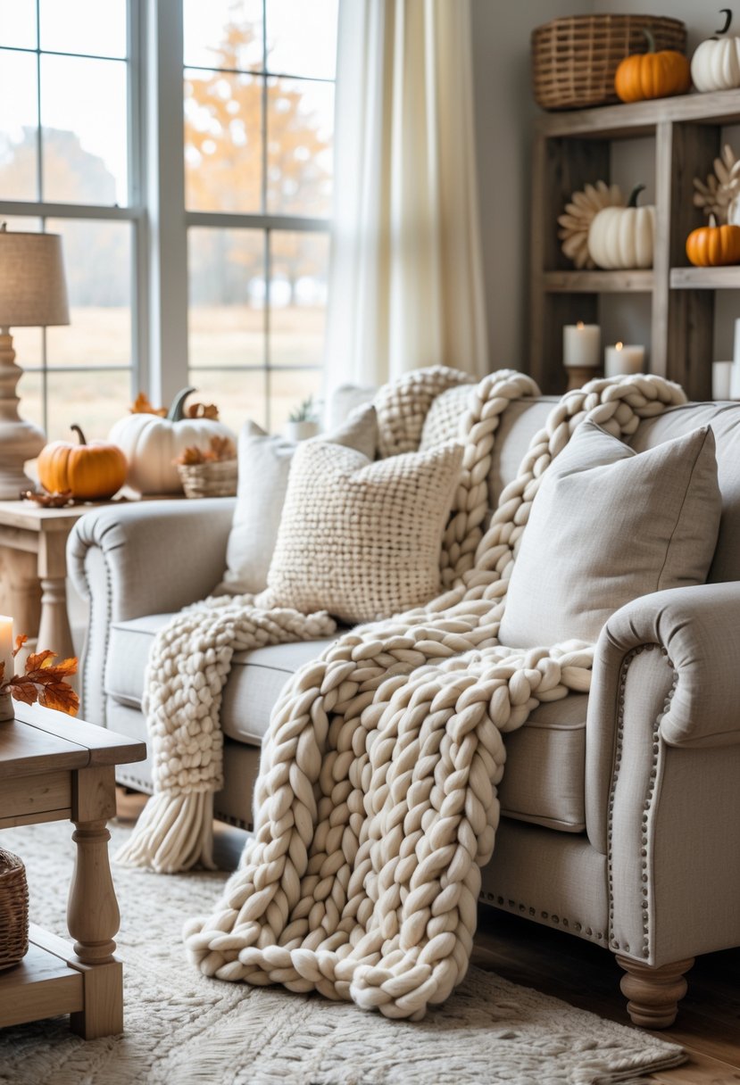21 Fall Farmhouse Decor Ideas 2025: Fresh Seasonal Inspiration for Your Home 4 A living room with chunky knit throws layered over furniture and autumn decorations on a wooden coffee table.