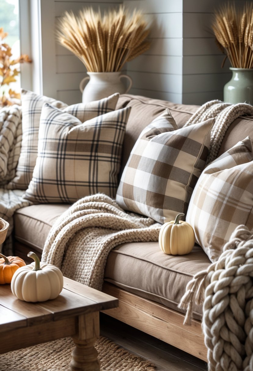 21 Fall Farmhouse Decor Ideas 2025: Fresh Seasonal Inspiration for Your Home 5 A wooden sofa with plaid throw pillows in neutral tones surrounded by fall decorations including pumpkins, candles, and dried wheat in a cozy living room.