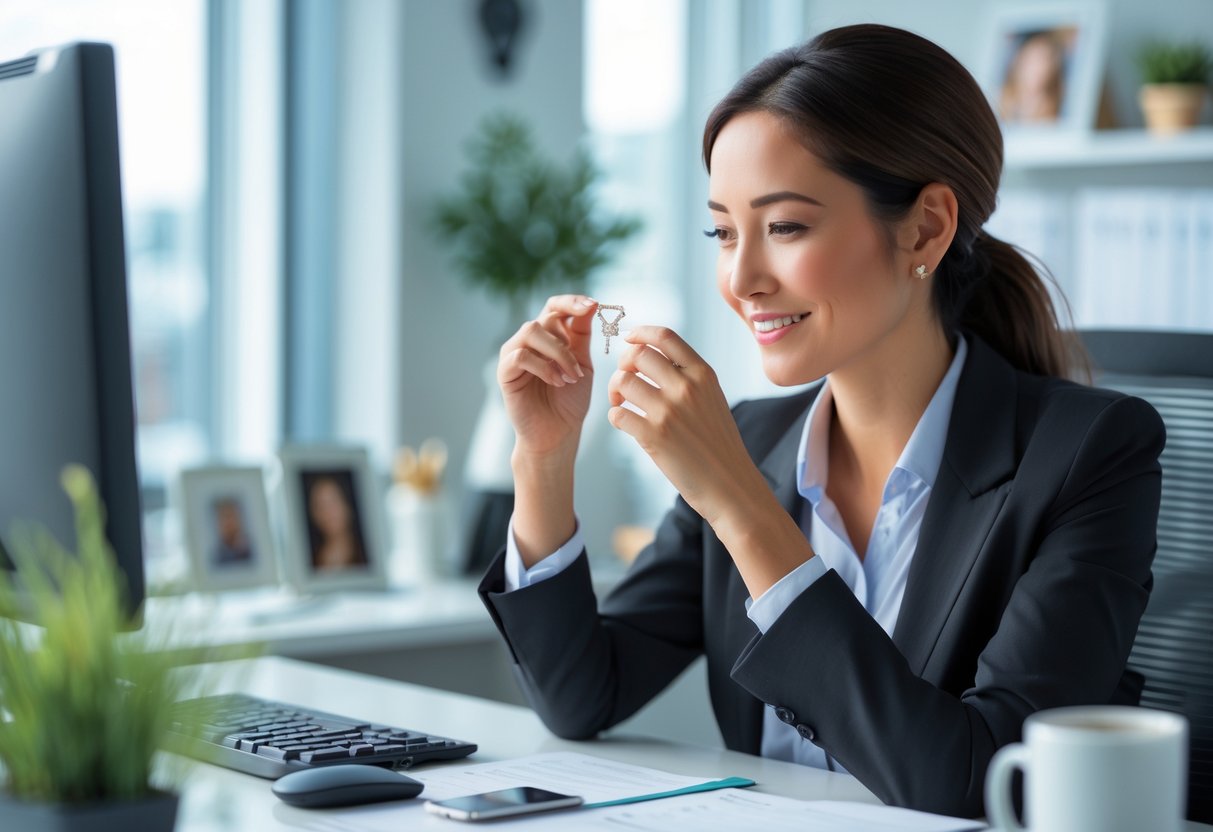 A working mom in an office looking thoughtfully at a piece of jewelry while sitting at her desk.