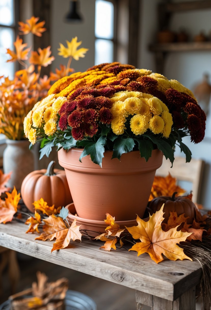 21 Fall Farmhouse Decor Ideas 2025: Fresh Seasonal Inspiration for Your Home 7 A terracotta pot filled with colorful mums surrounded by autumn leaves on a wooden table.