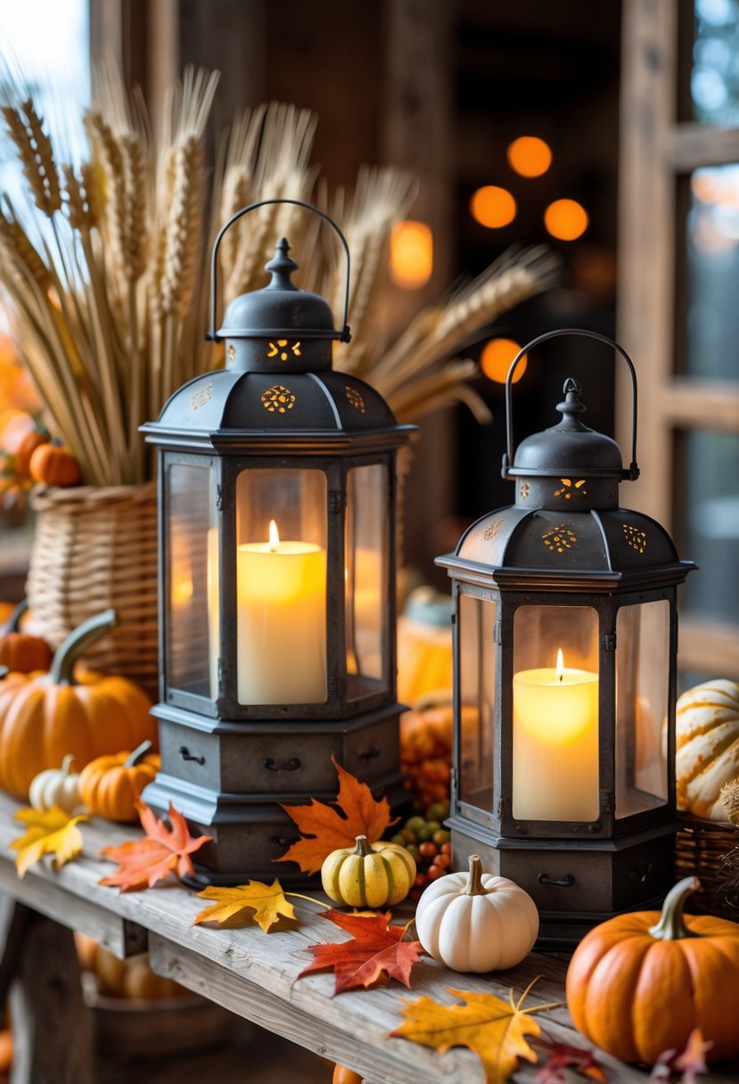 21 Fall Farmhouse Decor Ideas 2025: Fresh Seasonal Inspiration for Your Home 8 Antique-style lanterns with glowing LED candles on a wooden table surrounded by fall decorations like pumpkins and colorful leaves in a farmhouse setting.