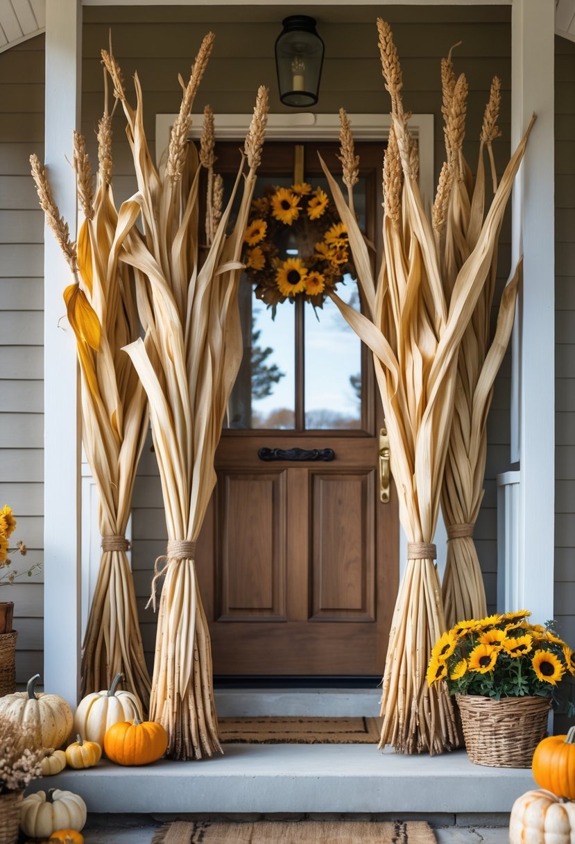 21 Fall Farmhouse Decor Ideas 2025: Fresh Seasonal Inspiration for Your Home 9 Front entrance of a farmhouse decorated with bundles of dried cornstalks and autumn pumpkins.
