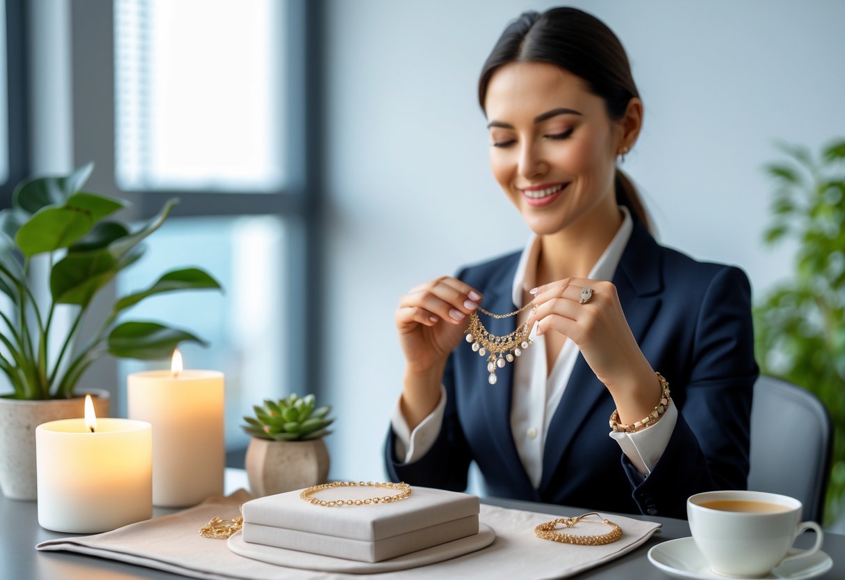 A woman in an office holding jewelry with calming items like a candle and plant on a desk nearby.