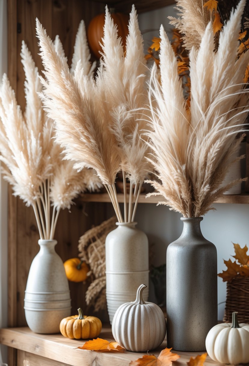 21 Fall Farmhouse Decor Ideas 2025: Fresh Seasonal Inspiration for Your Home 10 Pampas grass arranged in vases on a wooden surface with autumn decorations in the background.