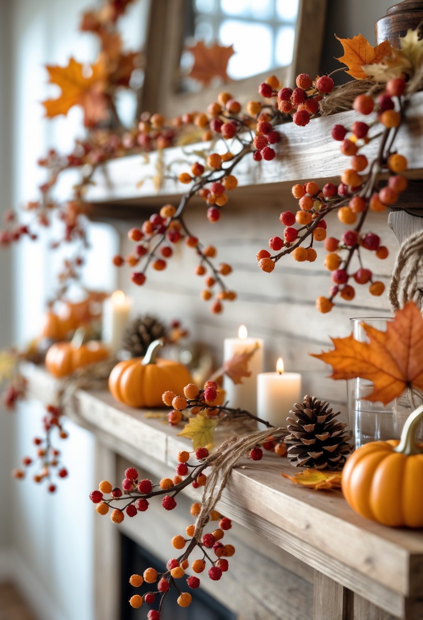 21 Fall Farmhouse Decor Ideas 2025: Fresh Seasonal Inspiration for Your Home 11 A faux berry branch garland with red and orange berries draped over a wooden shelf surrounded by pumpkins, pinecones, and candles.