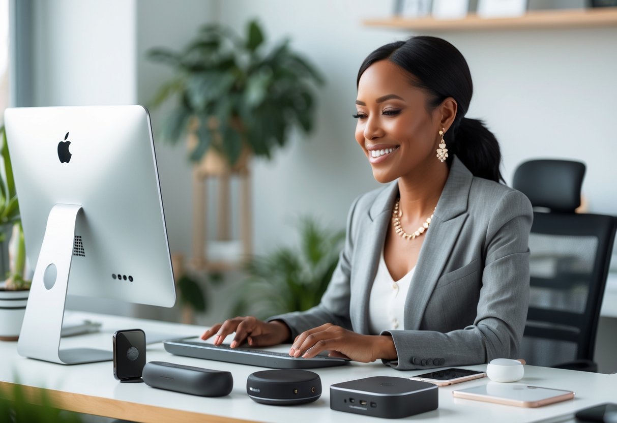 A professional woman working at her office desk surrounded by tech gadgets and wearing elegant jewelry.