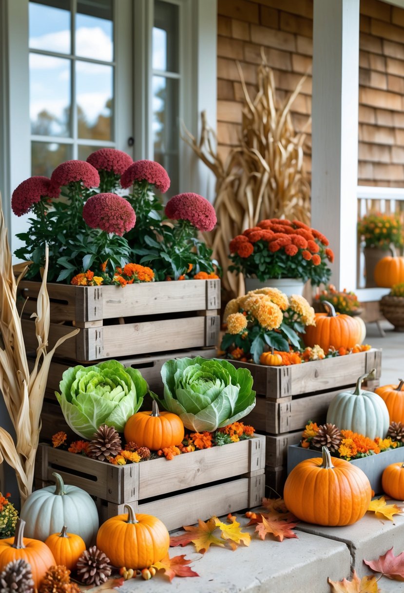 21 Fall Farmhouse Decor Ideas 2025: Fresh Seasonal Inspiration for Your Home 12 Vintage wooden crates filled with autumn plants and pumpkins arranged on a farmhouse porch surrounded by fall leaves and natural decorations.