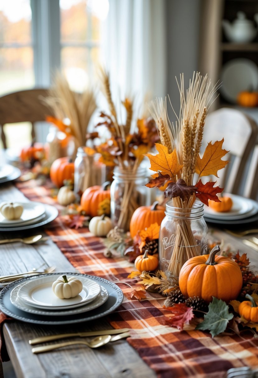 21 Fall Farmhouse Decor Ideas 2025: Fresh Seasonal Inspiration for Your Home 13 A dining table with a plaid table runner and mason jars filled with fall decorations like pumpkins, dried wheat, and leaves.