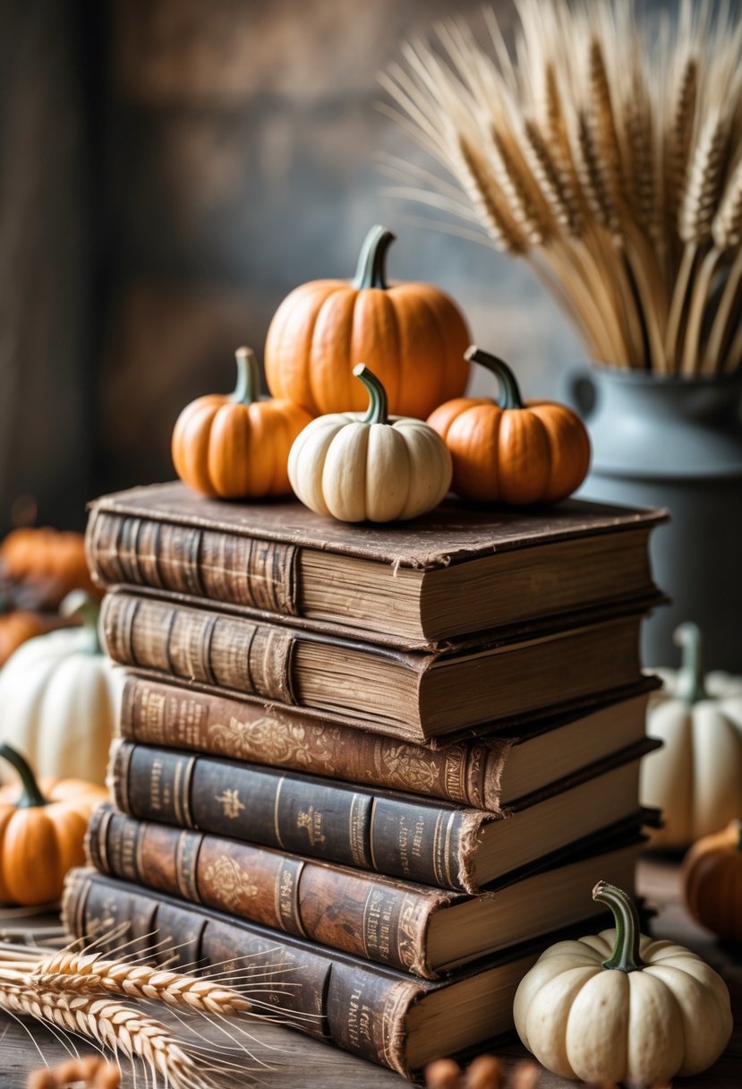 21 Fall Farmhouse Decor Ideas 2025: Fresh Seasonal Inspiration for Your Home 14 Stack of antique books with small pumpkins arranged on and around them on a wooden surface.