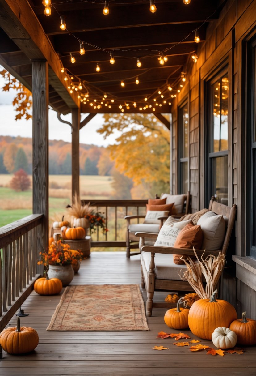 21 Fall Farmhouse Decor Ideas 2025: Fresh Seasonal Inspiration for Your Home 15 A farmhouse porch decorated with warm amber string lights, pumpkins, and fall leaves during autumn.