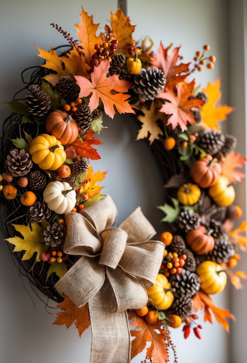 21 Fall Farmhouse Decor Ideas 2025: Fresh Seasonal Inspiration for Your Home 16 A fall floral wreath with colorful autumn leaves, small pumpkins, pinecones, berries, and a burlap ribbon bow.