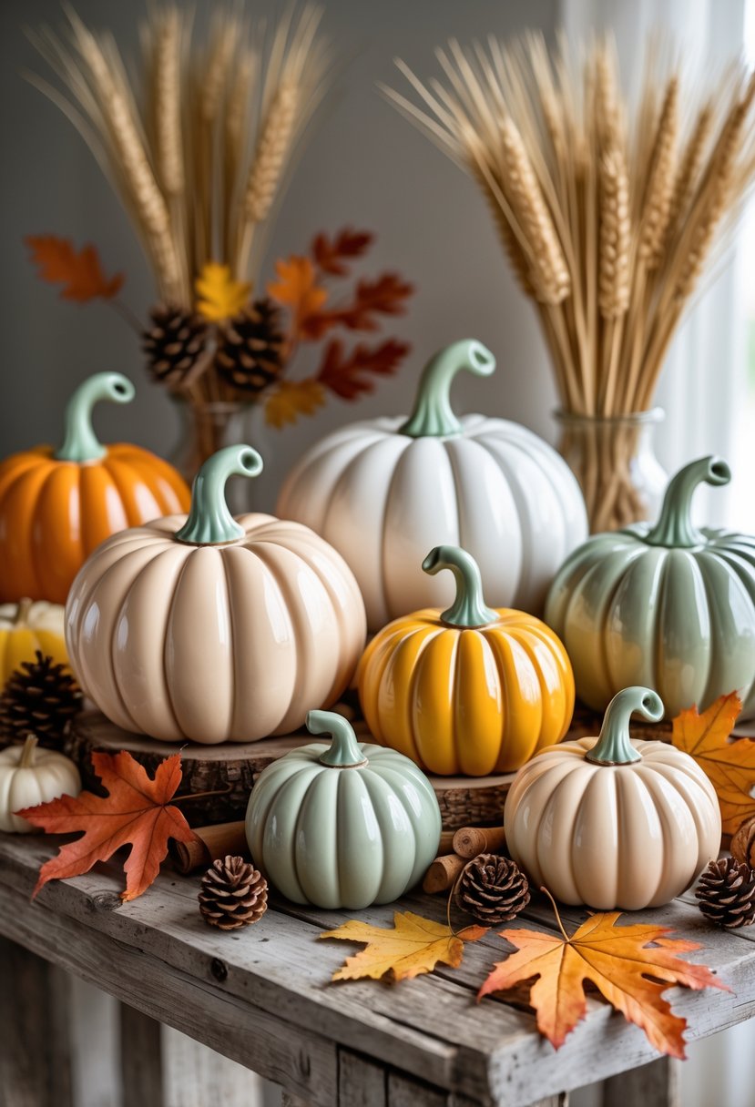 21 Fall Farmhouse Decor Ideas 2025: Fresh Seasonal Inspiration for Your Home 17 A collection of ceramic pumpkins arranged on a wooden table with autumn leaves and seasonal decorations.