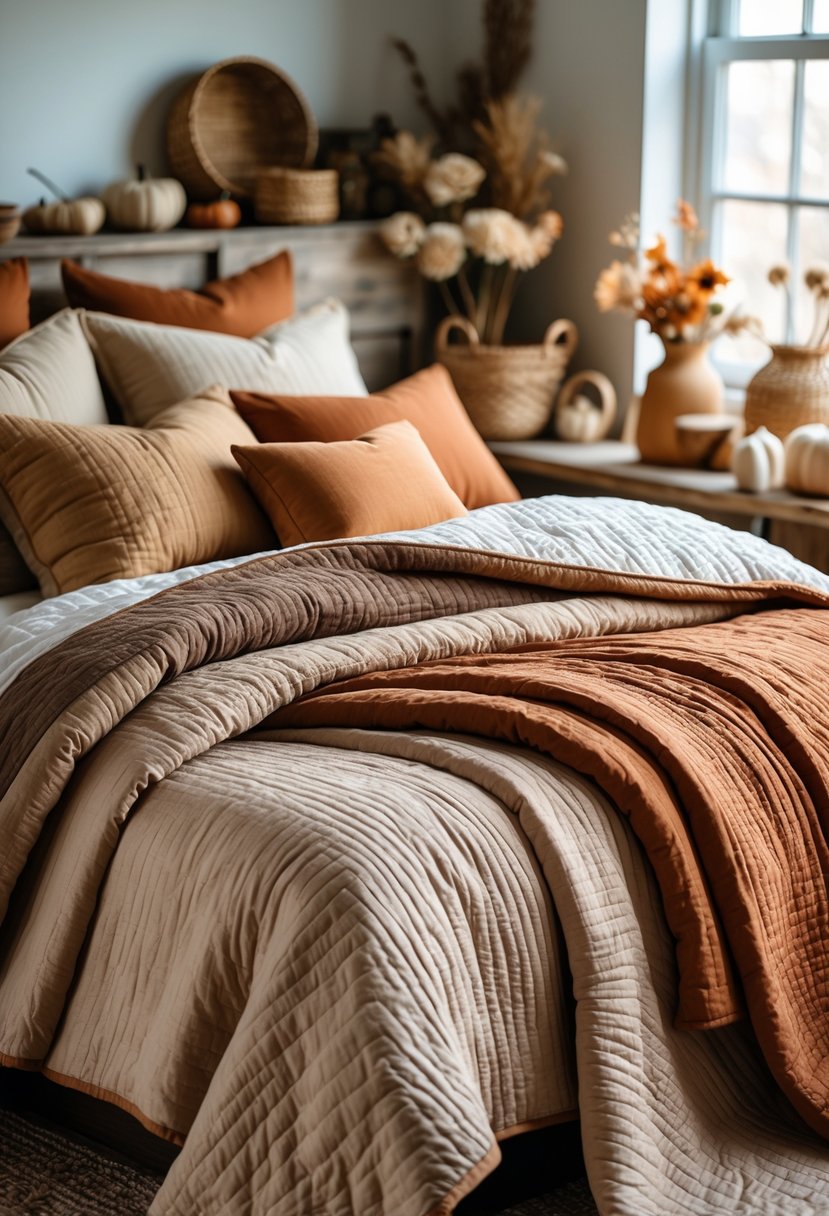 21 Fall Farmhouse Decor Ideas 2025: Fresh Seasonal Inspiration for Your Home 18 A neatly made bed with layered earth-toned quilts and pillows in a warmly lit bedroom with farmhouse decor.