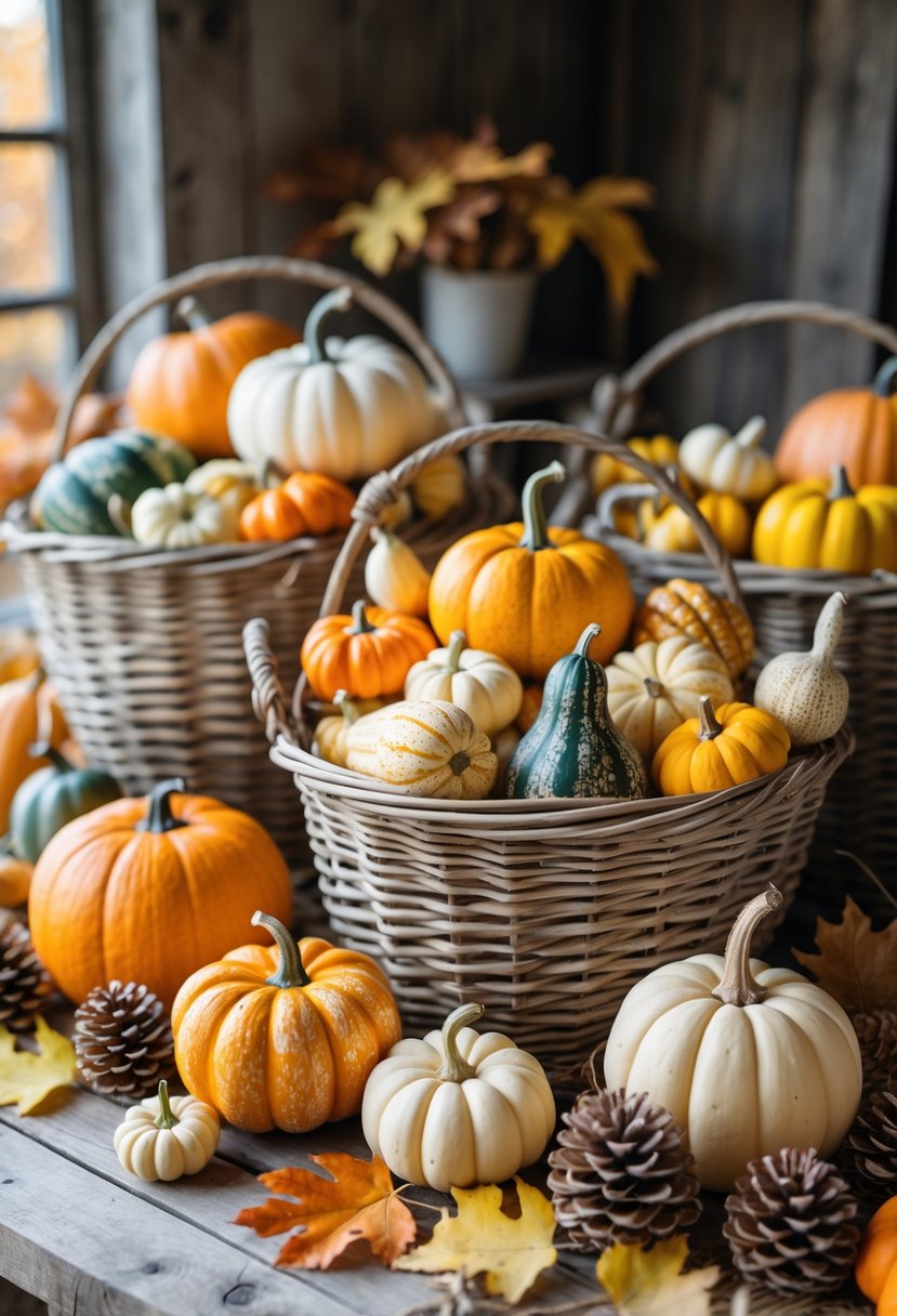 21 Fall Farmhouse Decor Ideas 2025: Fresh Seasonal Inspiration for Your Home 19 Wicker baskets filled with colorful gourds arranged on a wooden table with autumn leaves and pinecones.