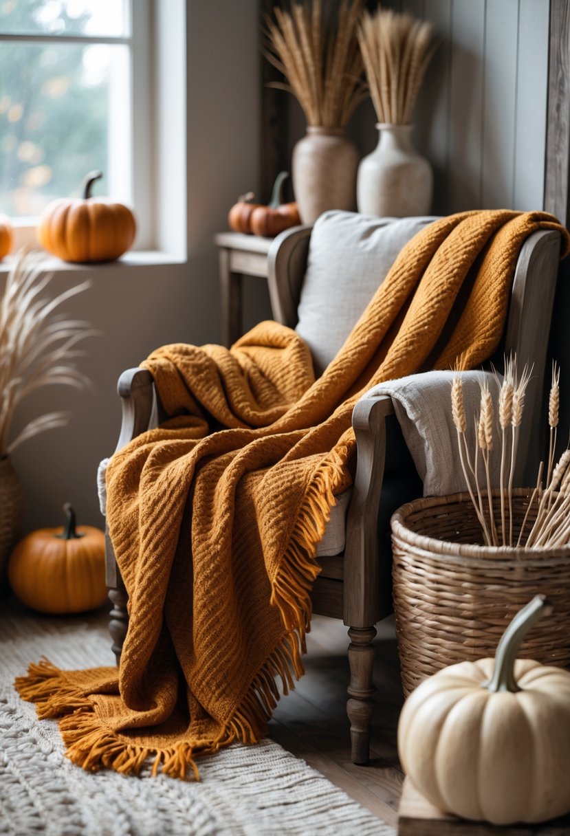 21 Fall Farmhouse Decor Ideas 2025: Fresh Seasonal Inspiration for Your Home 20 A cozy room with mustard and rust-colored throw blankets draped over a wooden chair and basket, surrounded by pumpkins and dried wheat stalks.