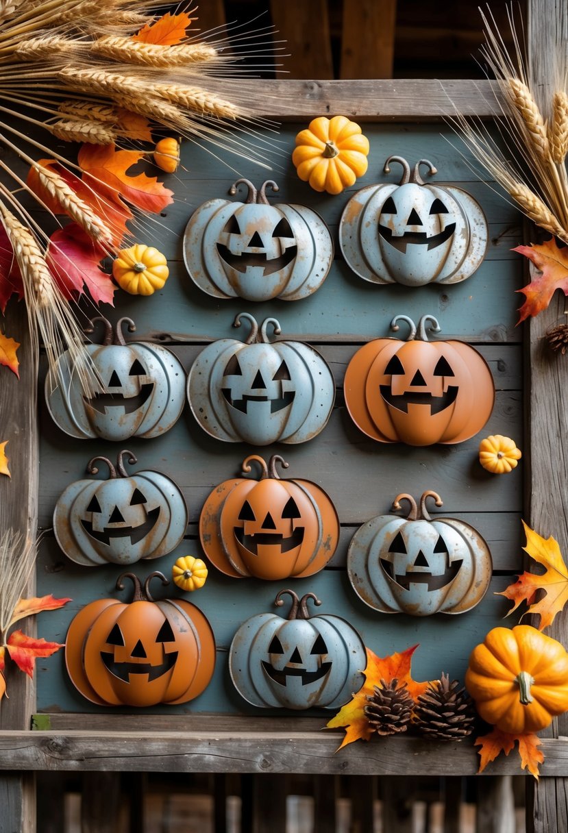 21 Fall Farmhouse Decor Ideas 2025: Fresh Seasonal Inspiration for Your Home 21 A collection of rustic metal pumpkin decorations displayed with autumn leaves, dried wheat, and small gourds on a wooden surface.